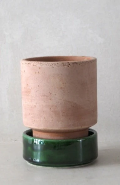 Hoff krukke, raw rosa + grøn underskål, gulvkrukke